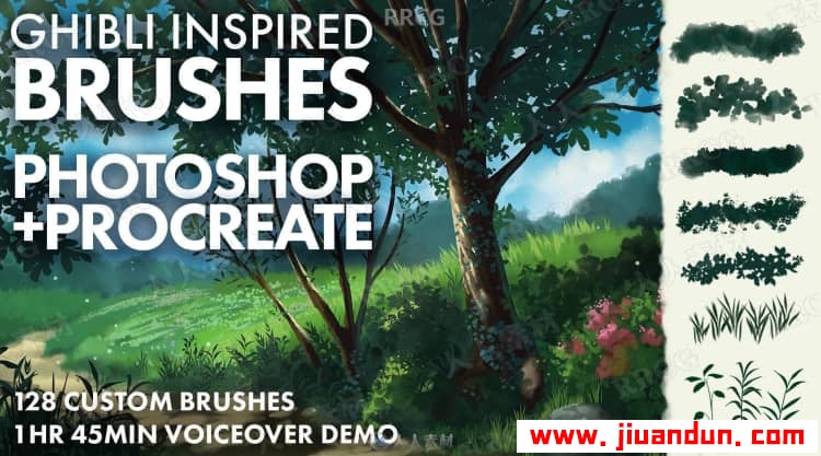 吉卜力Ghibli绘画风格自然风景数字绘画视频教程 附百种笔刷 PS教程 第4张