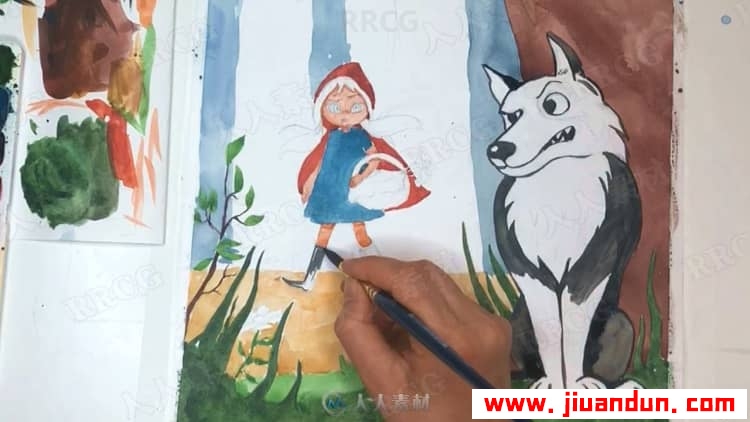 小红帽与大灰狼故事角色场景从草图到上色传统绘画视频教程 CG 第17张