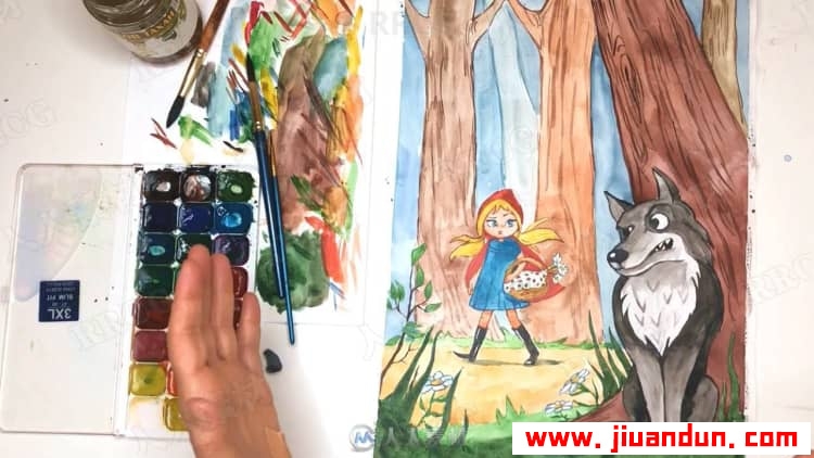 小红帽与大灰狼故事角色场景从草图到上色传统绘画视频教程 CG 第19张