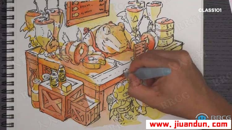 卡通角色轮廓线条到水墨水彩上色过程传统手绘视频教程 CG 第21张
