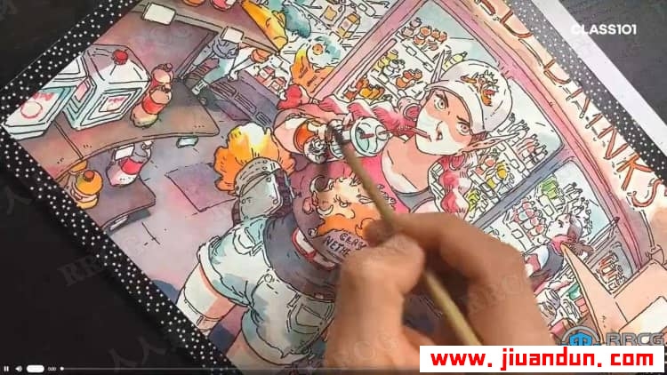 卡通角色轮廓线条到水墨水彩上色过程传统手绘视频教程 CG 第27张