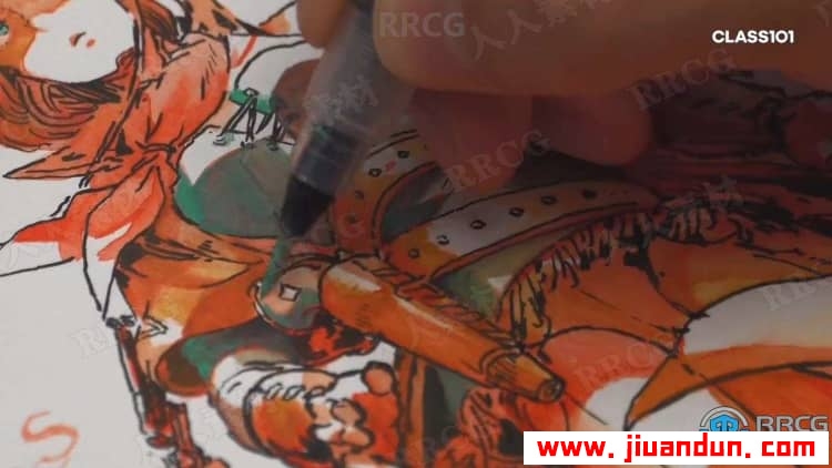 卡通角色轮廓线条到水墨水彩上色过程传统手绘视频教程 CG 第28张