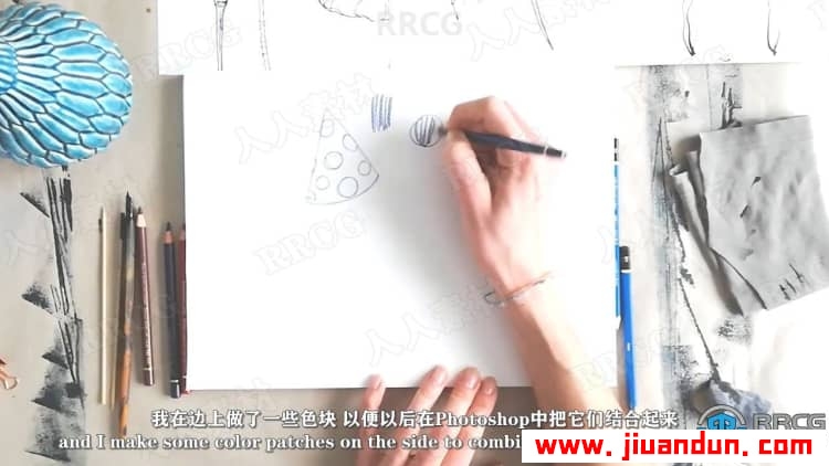 【中文字幕】传统手绘写实草图上色过程实现电子贺卡插图视频教程 PS教程 第11张